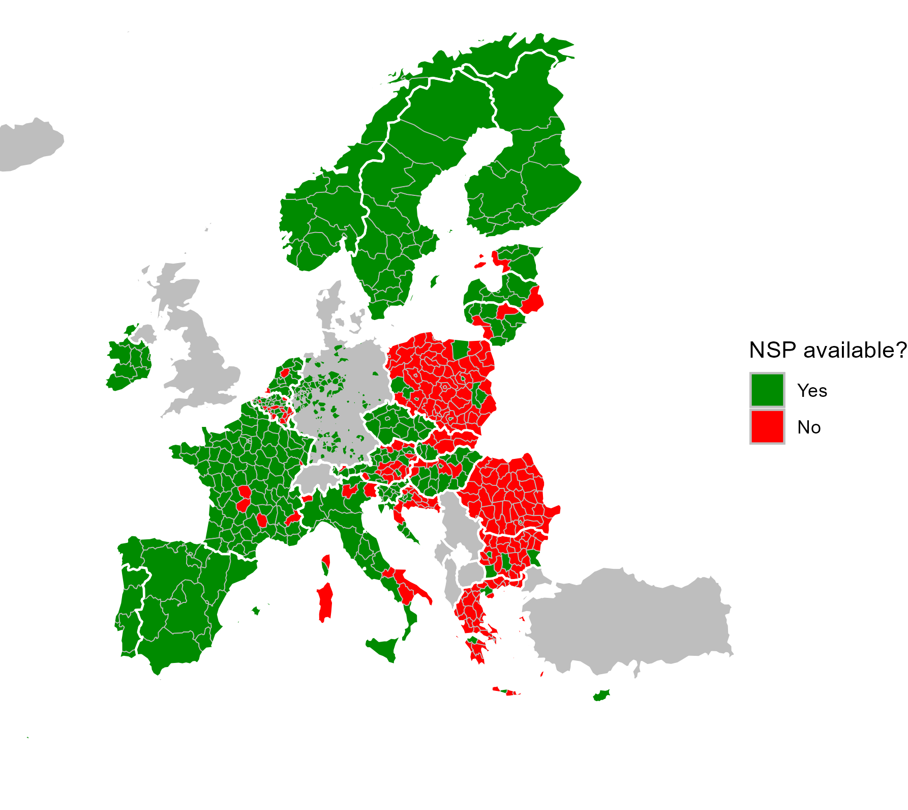 Mapa de disponibilidad de programas de intercambio de agujas y jeringuillas en Europa a nivel regional, 2023 o datos más recientes disponibles